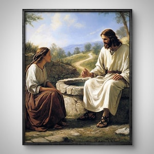 Geef me een slok water, Jezus en de vrouw Samaritaan bij de bron, bijbelse scènes poster, christelijke kunst, Jezus Christus Art Print Jezus clipart