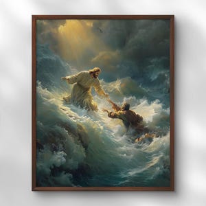 Puede incluir: Impresión enmarcada que representa una escena religiosa. Una figura con una túnica blanca extiende la mano a otra con una túnica marrón en medio de olas turbulentas. La obra de arte está ambientada en un cielo tormentoso con rayos de sol.