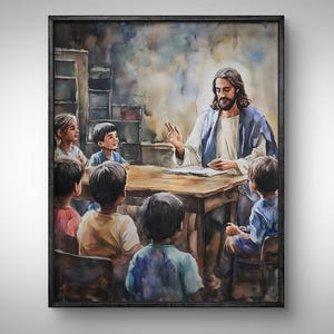Jesus Teaches Boys Painting, Jesus Christ With Children, Jesus And Kids, Christian Watercolor Art, Jesus Print, LDS Clipart, Bible Poster