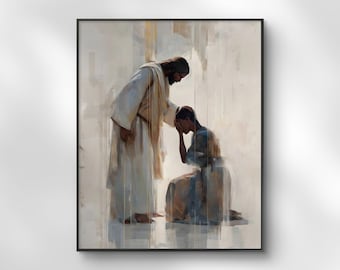 Può includere: Dipinto artistico incorniciato in nero che raffigura una figura in abiti bianchi che tende la mano verso un'altra inginocchiata in preghiera. L'opera utilizza pennellate morbide e una tavolozza di colori tenui, creando un'atmosfera serena e spirituale.
