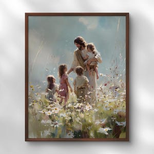 Jesús camina con niños en un campo de flores, impresión de niños y Jesucristo, decoración infantil de Jesús y flores silvestres, arte mural cristiano, póster SUD
