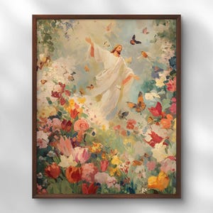Jezus Christus in de hemel Wall Art Print - christelijke spirituele bloemenschilderij - religieus decor voor, Jezus en de wilde bloemen heldere poster