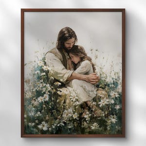 Jesús y una niña en un campo de flores, Impresión del abrazo sanador de Jesucristo, Póster de flores silvestres, Decoración infantil, Arte mural cristiano, Arte SUD