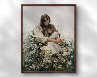 Jesus and Girl in Flower Field Print: Christian Nursery Art (Digital Download)