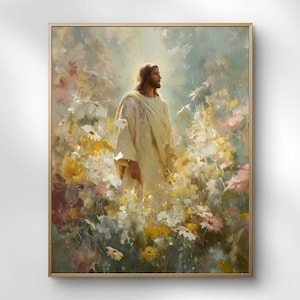 May include: A framed painting shows a figure in a white robe surrounded by a field of colourful flowers. The artwork uses soft brushstrokes and a warm colour palette, with yellow, pink, and white flowers. The figure has long brown hair and a calm expression.