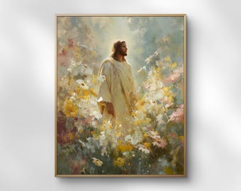 以下が含まれることがあります： 額縁に入った絵画は、色とりどりの花畑の中に白いローブを着た人物を描いています。 このアートワークは、柔らかい筆致と暖かい色使いが特徴で、黄色、ピンク、白の花が咲いています。 その人物は長い茶色の髪をしており、穏やかな表情をしています。