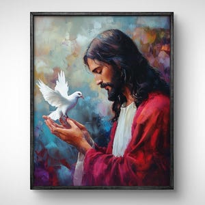 Holy Spirit as Dove And Jesus Christ Print, Baptism Wall Art, Christian Artwork, Bible Verse Painting, Scripture Poster, Watercolor Clipart