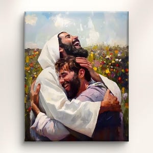 May include: A canvas print depicts two figures embracing and laughing. One figure is wearing a white robe and hood, the other a purple garment. The background features a field of colorful flowers under a blue sky with clouds.