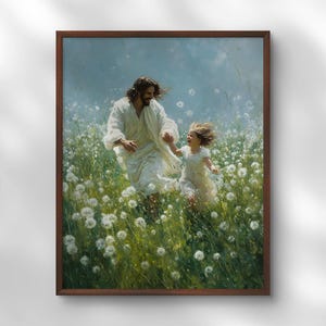 Jesús camina con una niña en un campo de flores, impresión de Jesucristo con niños, Jesús y flores silvestres, decoración infantil, arte mural cristiano, póster SUD