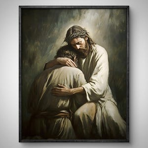 Jesus And Man Painting, Jesus Hugging Man, Watercolor Christian Art, Bible Art, Jesus Print, Jesus Christ Poster Printable, Jesus Clipart