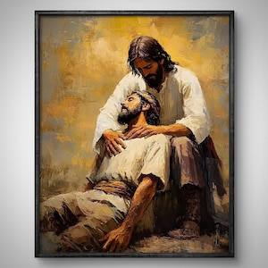 Jesus Heals Man Painting, Jesus Christ and Man, Jesus Hugging Man, Christian Wall Art, Bible Verse, Jesus Print, Jesus Poster, Jesus Clipart