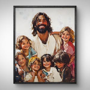 Impresión de Jesús y niños, póster de Jesús con niños, pintura de acuarela cristiana, arte SUD, arte de pared bíblico, retrato de Jesucristo, decoración de habitación