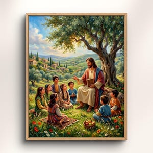 May include: A framed wall art print depicting a bearded figure in a cream robe and red shawl sitting under a large olive tree, teaching a group of seven children in a grassy meadow filled with red poppies, with a village on a distant hillside.