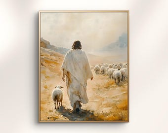 Impressão em aquarela de Jesus Bom Pastor, arte bíblica cristã (download digital)