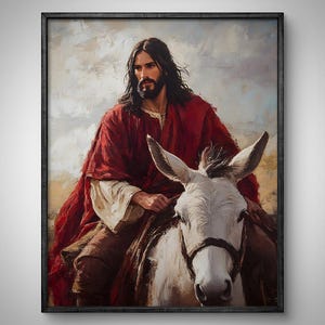 Ingresso trionfale di Gesù a Gerusalemme, Domenica delle Palme, Settimana Santa, Gesù a cavallo di un asino, Poster di arte cristiana, Arte biblica, Stampa artistica di Gesù Cristo,