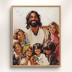 Lachende Jezus met kinderen kunstprint, LDS primaire kamerdecoratie en kinderkamercadeau