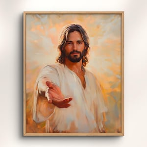 私のもとに来なさい、手を差し伸べるイエス、キリスト教の救世主の油絵プリント