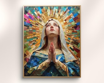 Virgin Mary Praying Art Print, Colorful Mosaic Catholic Gift & Religious Wall Decor