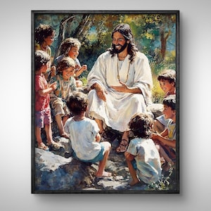 Jesús enseñando a los niños, pintura cristiana, póster de Jesús con niños, arte SUD, arte mural católico bíblico, impresión cristiana, imágenes prediseñadas de Jesucristo