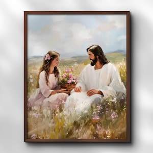 Arte cristiano de Jesús con niña en el prado: pintura religiosa inspiradora, decoración espiritual para pared, regalo de fe, impresión botánica, póster de flores