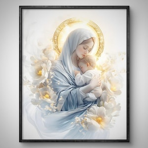 Arte de la Virgen María sosteniendo al Niño Jesús, Arte del nacimiento de Jesucristo, Arte cristiano en acuarela, Arte bíblico, Impresión de la Virgen María, Póster de Jesús, Clipart