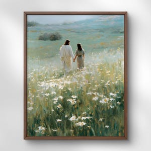 Jezus loopt met vrouw in Daisy Field, christelijke kunstprint (digitale download)