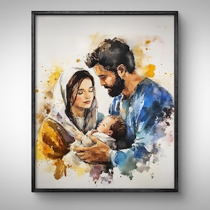 Joseph And Virgin Mary Holding Baby Jesus, Christian Art, Jesus Art Print, Watercolor Painting, Wall Art, Jesus Clipart, Bible Art Poster