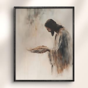 Jesus Feeds the 5000, 5 Loaves of Bread 2 Fish, God Provides, Jesus Christ Watercolor Poster, Christian Wall Art, Bible Print, Jesus Clipart