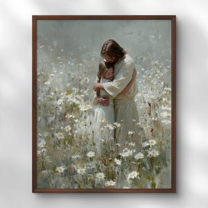 Impresión del Abrazo Sanador de Jesucristo, Jesús y una niña en un campo de flores, Póster de flores silvestres, Decoración para habitación infantil, Arte mural cristiano, Arte SUD
