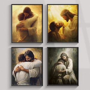 Set Of 4 Paintings Healing Embrace, Jesus Christ With Man Wall Art, Jesus And Man Print, Christian Clipart, LDS Poster, Bible Verse Painting