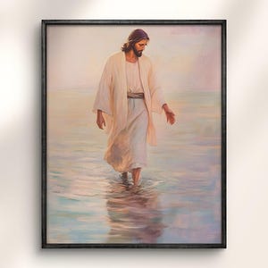 Jesus Christ Walking On Water, Jesus Saves Peter At Sea, Miracle Of Jesus Print, Christian Clipart, Bible Poster, Jesus Painting, Home Decor