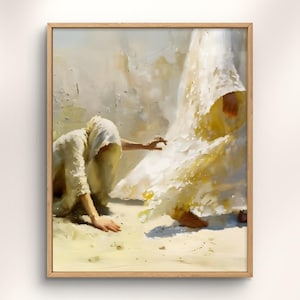 Puede incluir: Una pintura enmarcada representa una figura arrodillada que se extiende hacia una figura envuelta en tela blanca. La obra de arte utiliza una paleta de colores cálidos y apagados con reflejos amarillos y beige, creando una sensación de luz y sombra.