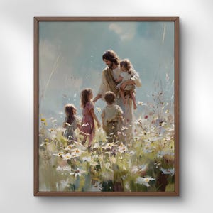 Jesus Walks With Kids in Flower Field - Christian Nursery Wall Art (digital download)