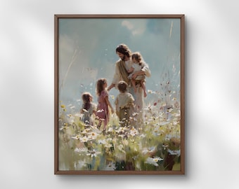 Jesús camina con niños en un campo de flores - Arte mural cristiano para guardería (descarga digital)