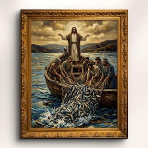 Op de afbeelding: Een ingelijst olieverfschilderij met een figuur in een wit gewaad die met uitgestrekte armen in een houten boot staat. Verschillende personen in aardekleurige tunieken trekken een groot visnet vol zilveren vissen uit het blauwe water.
