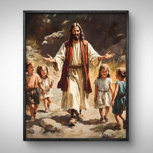 Jesus Walks With Children Painting, Christian Print, Jesus Christ and Kids, LDS Art, Jesus Poster, Jesus Clipart, Bible Art, Christian Art