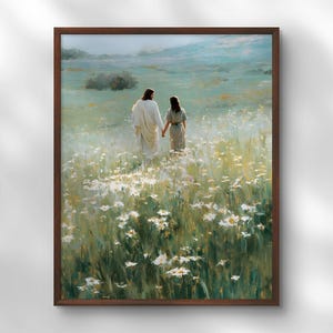 Jesus Walks With Woman in Flower Field, Jesus Christ And Girl Print, Jesus and Wild Flowers, Room Decor, Christian Wall Art, LDS Art Poster