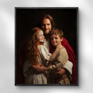 Kinderen met Jezus-afdruk, Jezus Christus knuffelt een jongen en een meisje, christelijke muurkunst voor kinderkamer, LDS en katholieke poster, decoratie kinderkamer,