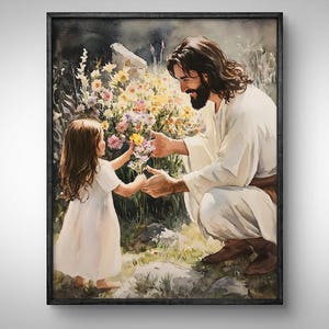 Print Jezus en meisje, Jezus met bloemen, Jezus en kinderen, afbeelding van Jezus Christus, LDS Art, christelijke muurkunst, bijbel clipart, kamerdecoratie