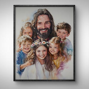 Jesus And Kids, Jesus With Children, Christian Watercolor Painting, Jesus Christ Portrait, LDS Art, Jesus Print, Jesus Clipart, Bible Poster