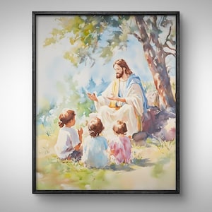 Jesus With Children, Jesus And Kids, Christian Watercolor Painting, Jesus Christ Portrait, LDS Wall Art, Jesus Print, Clipart, Bible Poster