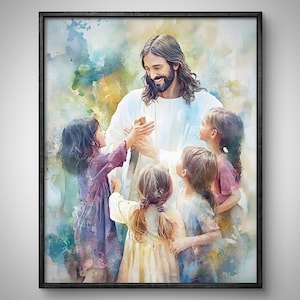 Jesus With Kids, Jesus And Children, Watercolor Christian Painting, Jesus Christ Portrait, Jesus Art Print, Jesus Clipart, Bible Art Poster