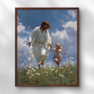 Jesucristo caminando con una niña en un campo de flores, impresión de flores silvestres, decoración de pared para habitación infantil, arte mural cristiano para niños, póster SUD