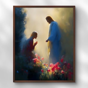 Print Jezus Christus en vrouw, Jezus met vrouw, kunst aan de muur wilde bloemen, moderne christelijke kunst schilderij, bijbel clipart, decor religieus huis
