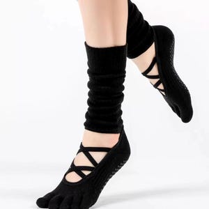 Zwarte Five Toe antislip yogasokken voor dames - Full Toe Grip Pilatessokken met beenwarmer - Balletdans workoutsokken