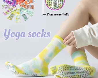 May include: Tie-dye yoga socks in yellow, blue, and white. The socks have a non-slip grip on the soles and the text "Vatican World". The image also shows a close-up of the anti-slip feature and the text "Enhance anti-slip".
