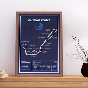 Könnte beinhalten: Ein gerahmtes Poster mit dem Text "Falcons Flight" und einer Darstellung einer Achterbahnstrecke. Das Poster befindet sich in einem Holzrahmen und wird auf einem Holzregal ausgestellt. Rechts befindet sich eine Vase mit Zweigen.