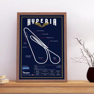 Puede incluir: Un póster azul y blanco con un contorno blanco de una pista de montaña rusa llamada "Hyperia". El póster incluye el nombre del fabricante, "Mack Rides", y del parque, "Thorpe Park".