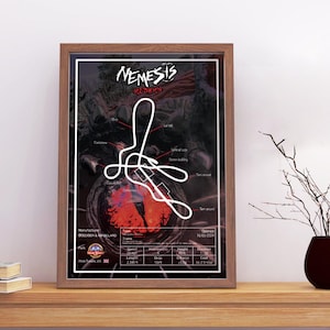 Puede incluir: Impresión enmarcada con la palabra "Nemesis" en una fuente estilizada y un dibujo lineal blanco. La obra de arte incluye un diseño de ojo rojo y datos técnicos. La impresión se exhibe sobre una mesa de madera.