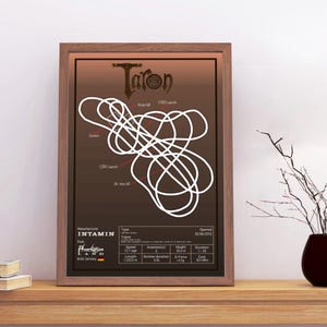 Puede incluir: Un cartel enmarcado con la palabra "Taron" en la parte superior, que presenta un dibujo lineal blanco de una pista de montaña rusa sobre un fondo marrón. El cartel está en un marco de madera y está sobre una mesa de madera.